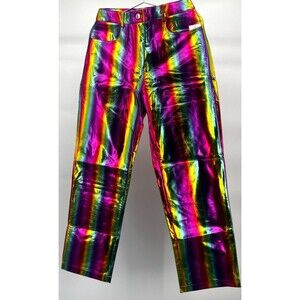 Women's Pants - Amylynn Rainbow Vegan Leather 5 Pocket Slim Button Party Size M